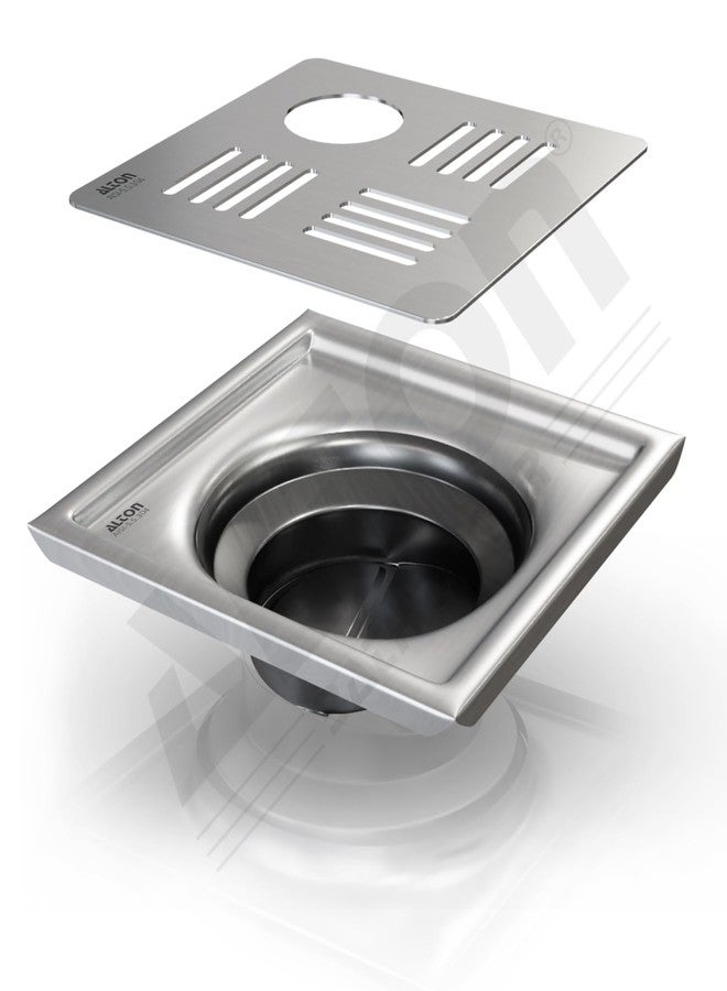 ALTON ALD1001, SS-304 Grade, 5x5 INCH Cut, Bathroom Grating Square Floor Drain Jali with ABS Cockroach Trap, Matte - Image 1